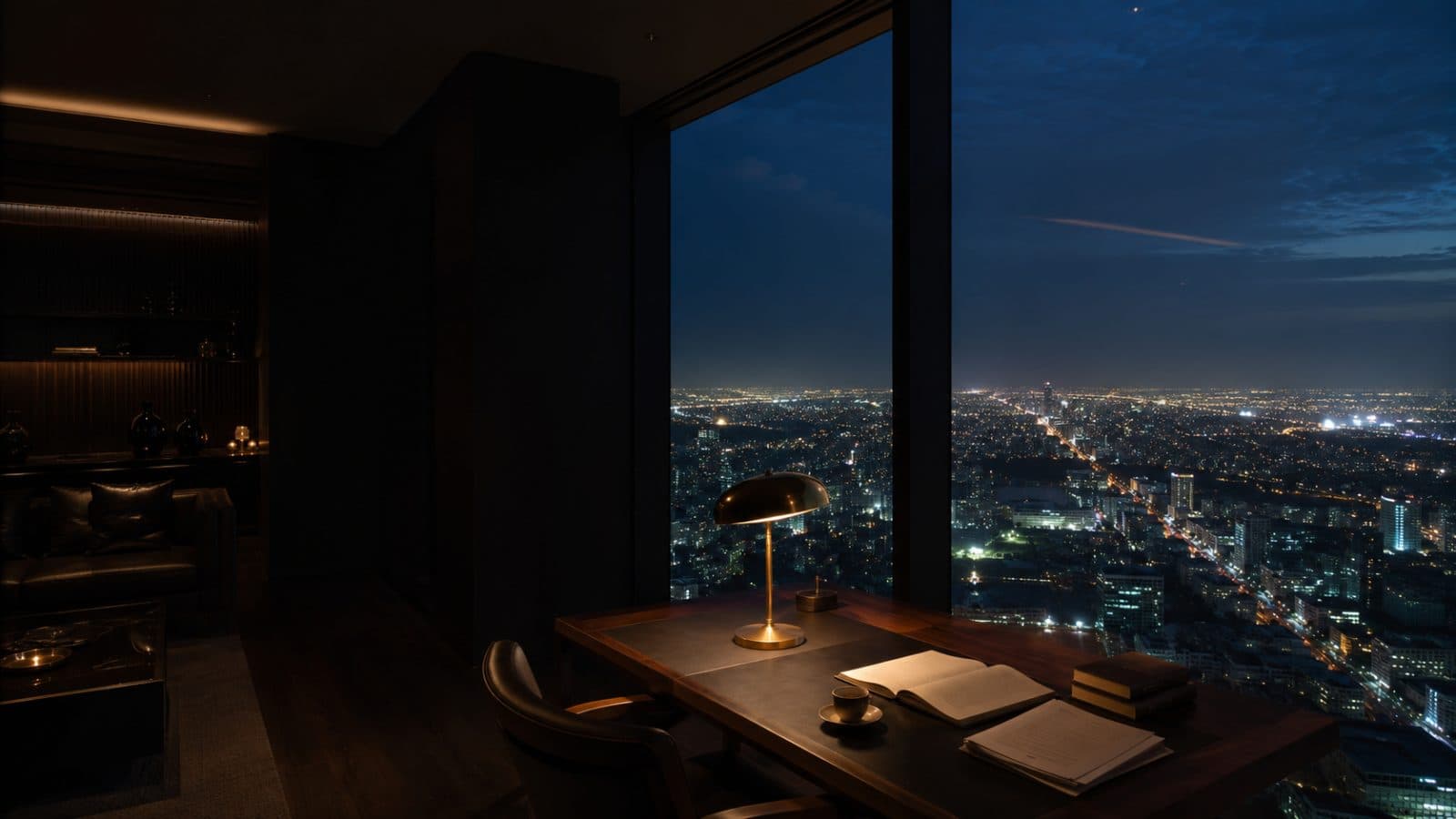 A quiet penthouse study at blue hour, a single lamp lit over a desk, the city spread out below through floor-to-ceiling glass — a calm command vantage over everything at once.